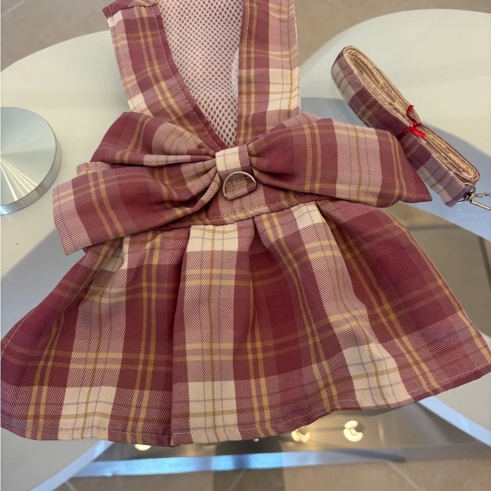 Plaid Dog Dress with Bow & Harness .